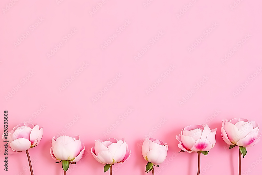 Poster five pink peonies arranged in a row against a solid light pink background with space for text or des