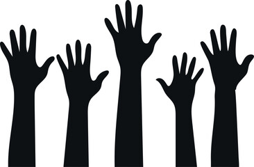 A simple, impactful image of several hands raised high, suggesting participation, engagement, or asking a question.