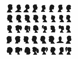 A grid of profile silhouettes of men and women, showcasing a variety of hairstyles.