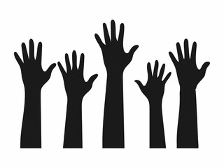 A simple, impactful image of several hands raised high, suggesting participation, engagement, or asking a question.