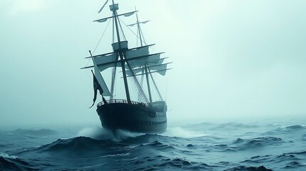 Fototapeta premium Epic Pirate Ship Sailing on a Stormy Ocean at Dramatic Sunse