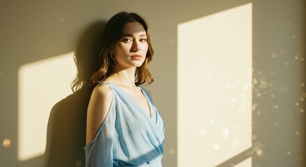 Woman in light blue dress against light wall
