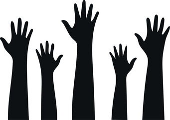 A simple, impactful image of several hands raised high, suggesting participation, engagement, or asking a question.
