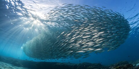 School of Silver Fish Swirling in Ocean, Underwater Sunlight, shoaling, marine life