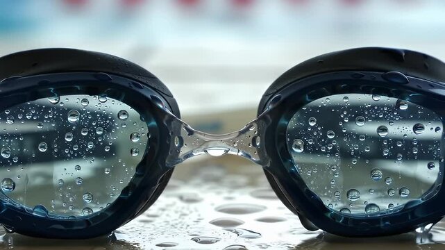 Close-up of swim goggles with water droplets