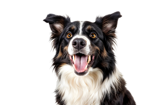 Alert Border Collie Portrait: A close-up portrait of a lively Border Collie, exuding joy and alertness with its expressive eyes and open mouth, capturing its intelligent and energetic personality.