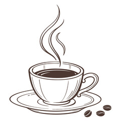 Elegant hand-drawn illustration of a steaming cup of coffee on a saucer with coffee beans for a cozy cafe or breakfast theme in minimalistic line