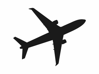 A clean, simple silhouette of a commercial jet aircraft in flight against a plain white background.