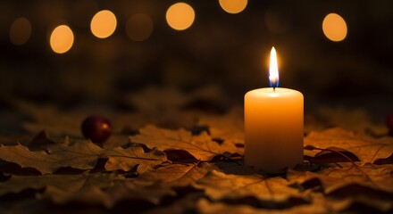 Lighted candle resting on autumn leaves as a symbol of St. Martin's Day holiday with bokeh background