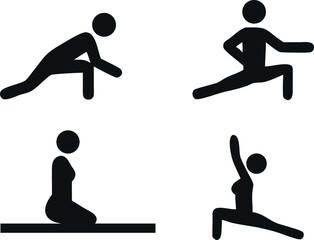 Simple black and white stick figure icons depicting various exercise poses.Circuit Training Icons. Solid, filled icons set of full-body circuit training: push-up, squat, jumping jack,