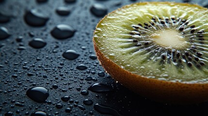 Close-up of a kiwi slice on a wet surface.