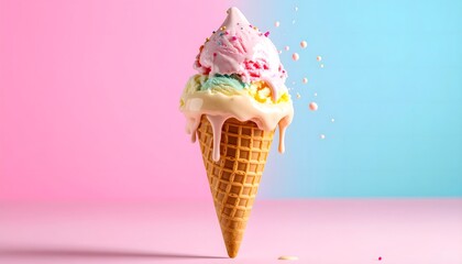 Colorful Ice Cream with Sprinkles and Dripping Toppings on Blue and Pink Backdrop