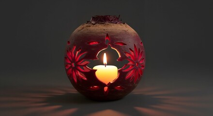 A beet lantern with a floral design illuminating a dark background as a symbol of St. Martin's Day 