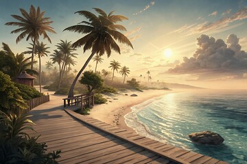 Serene tropical beach with a wooden boardwalk and palm trees at sunset
