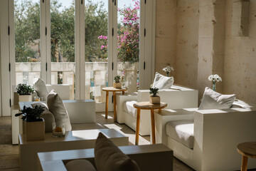 Modern aesthetic minimalistic interior of a cafe or lounge zone in a luxury resort	