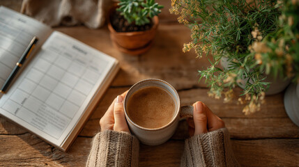 Cozy Morning Routine: A person is nestled in the warmth of a rustic setting, their hands gently cradling a steaming mug of coffee.