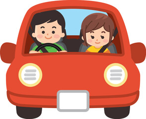 赤い車でドライブしている若いカップル