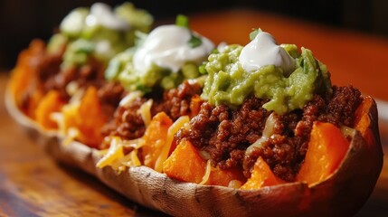 Taco Sweet Potatoes stuffed with ground beef, cheese, guacamole, sour cream
