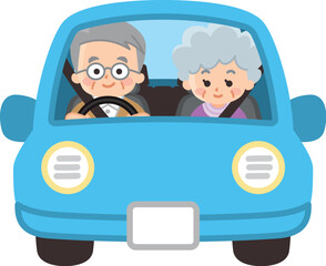 青い車でドライブしている高齢の夫婦