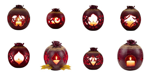 Traditional beet lanterns with candles for St. Martin's Day Isolated on a transparent background 