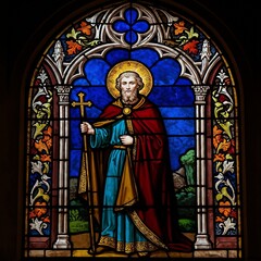 Saint Martin depicted in stained glass window with vibrant colors  