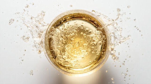 Champagne bubbles burst upwards from a glass, creating a celebratory splash