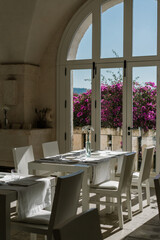 Aesthetic minimal interior of a restaurant with sunset light	