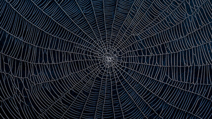 Obraz premium A detailed close-up of a spider web covered in dew drops against a dark background.