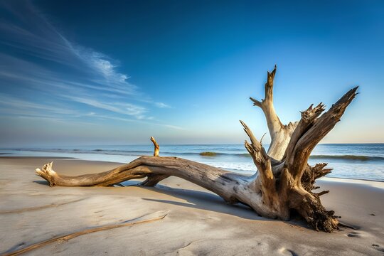 Weathered driftwood rests on a sandy beach under a vast blue sky with wispy clouds