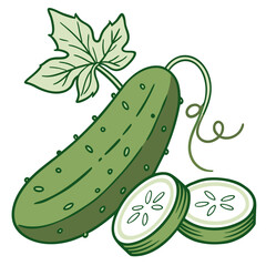 Freshly picked crisp cucumber with slices and sprawling vine leaves highlighting natural garden harvest for healthy eating and culinary freshness
