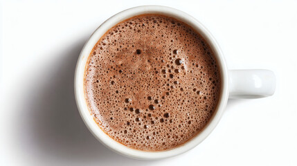 An overhead view of a steaming cup of hot chocolate with a creamy foam.