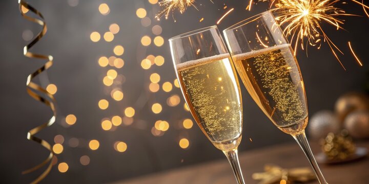 Sparkling Champagne Toast with Sparklers and Bokeh Lights, Celebration, New Year
