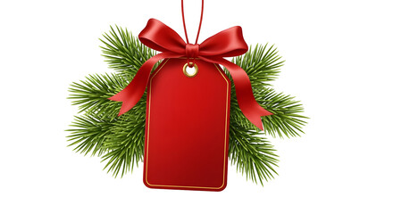 Red gift tag with christmas fir tree branches