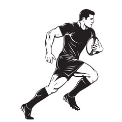 Rugby Player Running with Ball Vector Illustration in Black and White