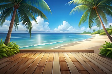 Vibrant tropical beach scene with clear blue ocean white sand lush palm trees and a wooden deck
