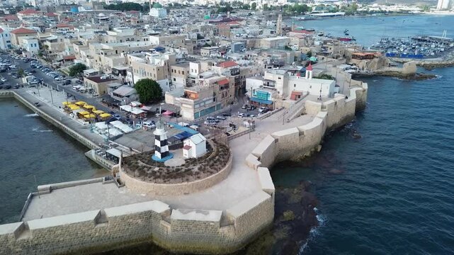 Aerial view of Old Akko bay, Israel unesco heritage, city of crusaders, popular tourist place daily receives thousands of tourists