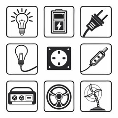 collection of electric and electronic device icons representing energy sources and technological tools in minimalistic line art style