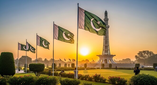 Magnificent view of Minar e Pakistan with Pakistani flags waving in the wind, showcasing national pride against a stunning sunrise backdrop.