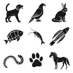 Obraz premium Collection of nine monochrome animal silhouettes including dog, bird, rabbit, turtle, shrimp, fish, worm, paw print, and horse all depicted in a