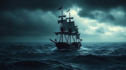 Fototapeta premium Fantasy Ghost Ship with Glowing Magic Light Sailing on a Stormy Night Sea