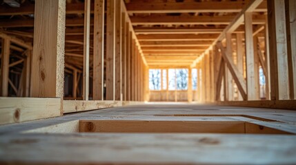 Interior view of a house under construction, showing wooden framing.