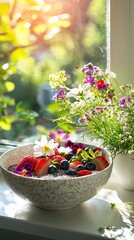 Vibrant Berry and Flower Breakfast Bowl in Sunlight