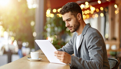 Homem de negócios casual revisando anotações e tomando espresso em um terraço de café.