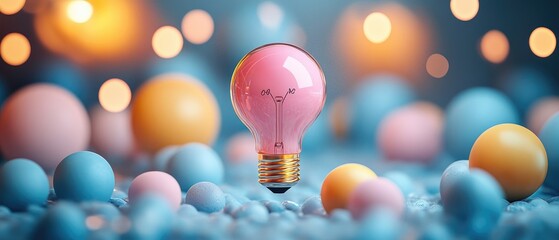 Floating pink lightbulb amidst colorful spheres.