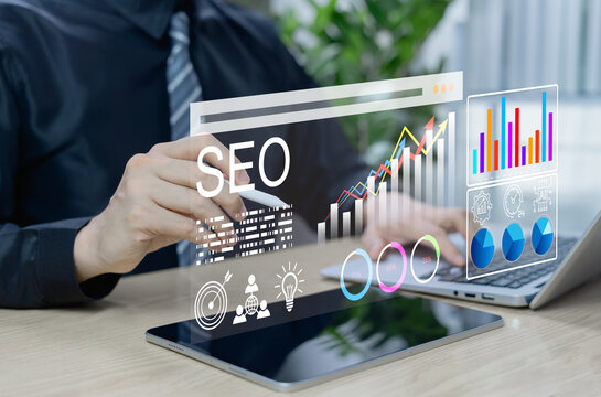 Businessman analyzing SEO and digital marketing strategies. Using SEO tools to optimize website content, improve search rankings, and boost visibility on search engine results pages.