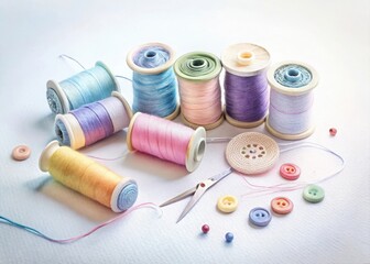 pastel colored threads and sewing supplies flatlay arrangement