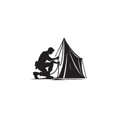Fototapeta premium Man Tying Tent Ropes Silhouette – Outdoor Skill, Camping Prep & Wilderness Focus