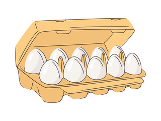 Ten fresh chicken eggs raw in a carton box on white background. Healthy eating or farm fresh concept, protein. Bright and clean design, minimal vector illustration