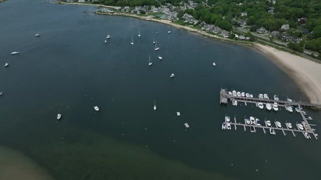 Boats anchored in Buzzards Bay in Massachusetts near Cape Cod Bay and Plymouth, MA