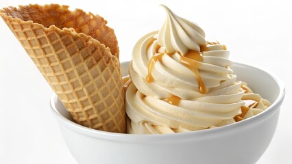Swirl Ice Cream with Waffle Cone and Caramel Drizzle in Bowl,Dessert ,Sweet Treat